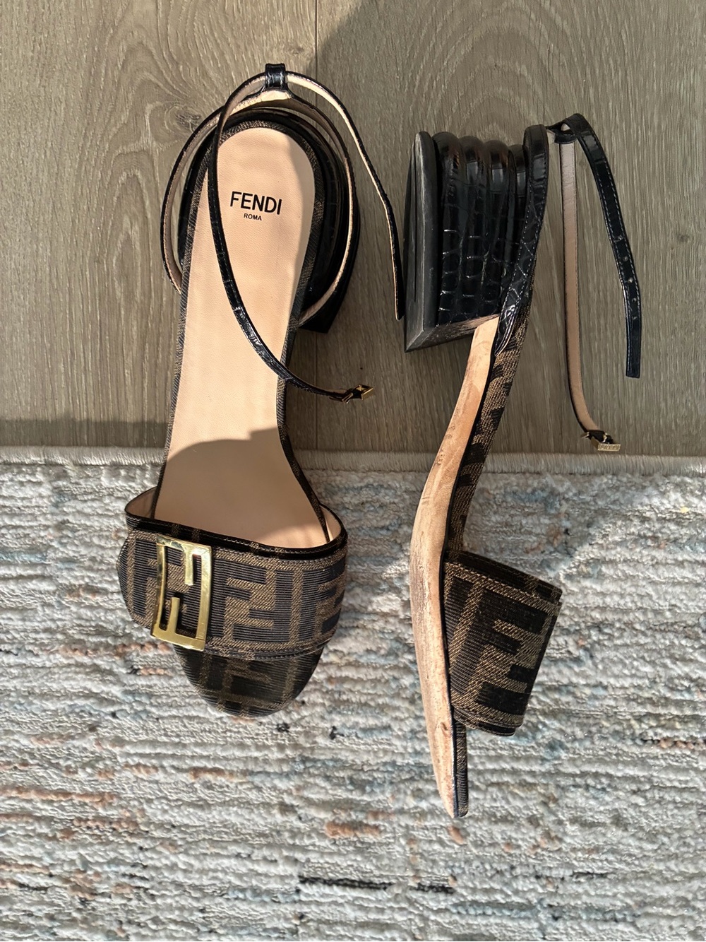 Fendi Black & Brown FF Logo Ankle-Strap Heels with Gold Buckles - Picture 3 of 4